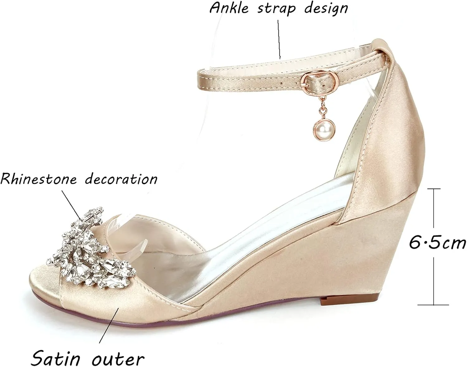 Womens Ladies Wedge Sandals Elegant Rhinestone Satin Ankle Strap High Heels Evening Party Bridal Wedding Prom Pumps