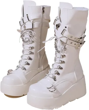 Women's Leather Lace-Up Wedge Gothic Ankle Boots Fashion Round Toe with buckle zipper Platform Punk Mid Calf Boots for Parties Riding Motorcycle Boots