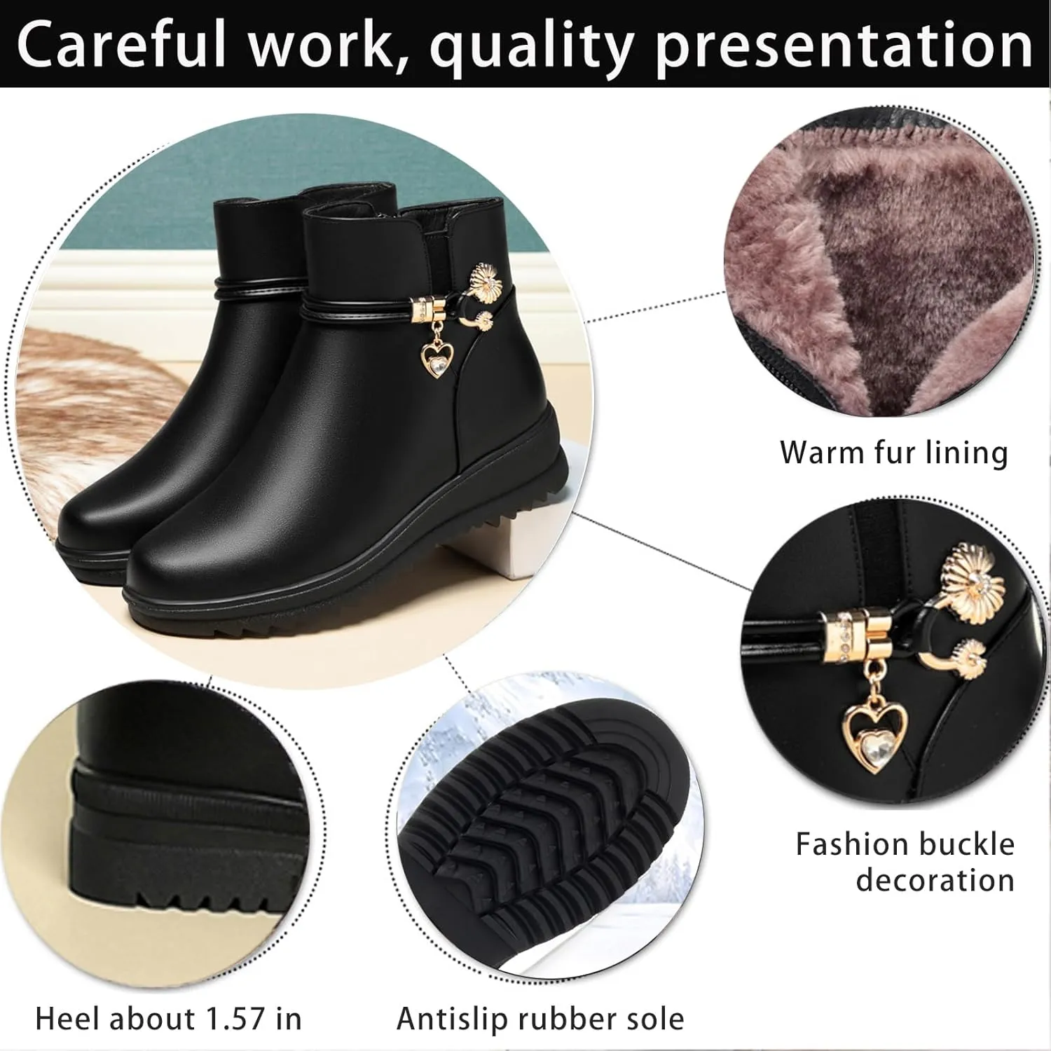 Women's Leather Platform Wedge Heel Ankle Boots Comfortable Round Toe Warm Fur Lining Side Zipper Non-slip Lug Sole Winter Ankle Boots Outdoor Work Walking Snow Boots