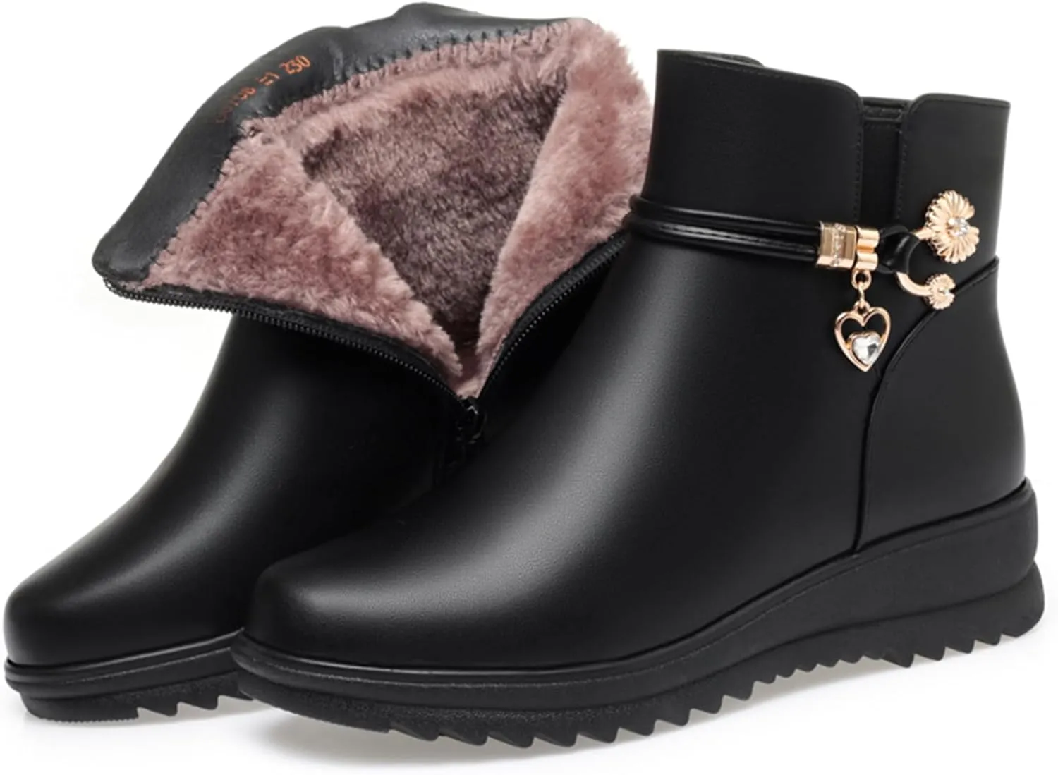 Women's Leather Platform Wedge Heel Ankle Boots Comfortable Round Toe Warm Fur Lining Side Zipper Non-slip Lug Sole Winter Ankle Boots Outdoor Work Walking Snow Boots