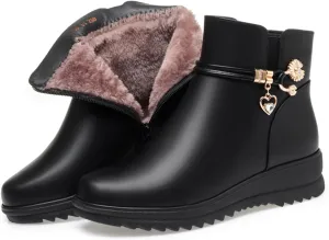 Women's Leather Platform Wedge Heel Ankle Boots Comfortable Round Toe Warm Fur Lining Side Zipper Non-slip Lug Sole Winter Ankle Boots Outdoor Work Walking Snow Boots