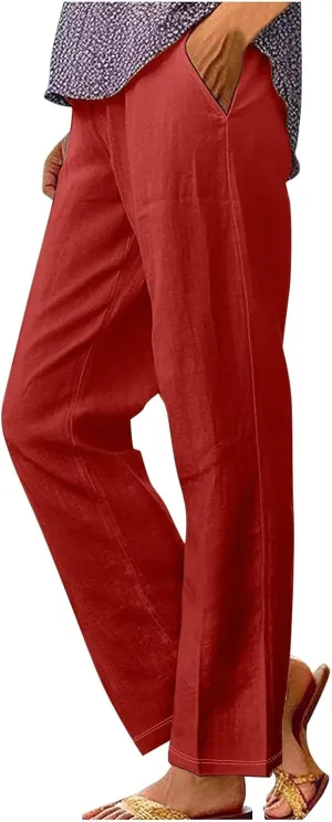 Womens Linen Casual High Waist Pants 2025 Trendy Straight Wide Leg Boho Flowy Trouser Work Dressy Palazzo Casual Pant