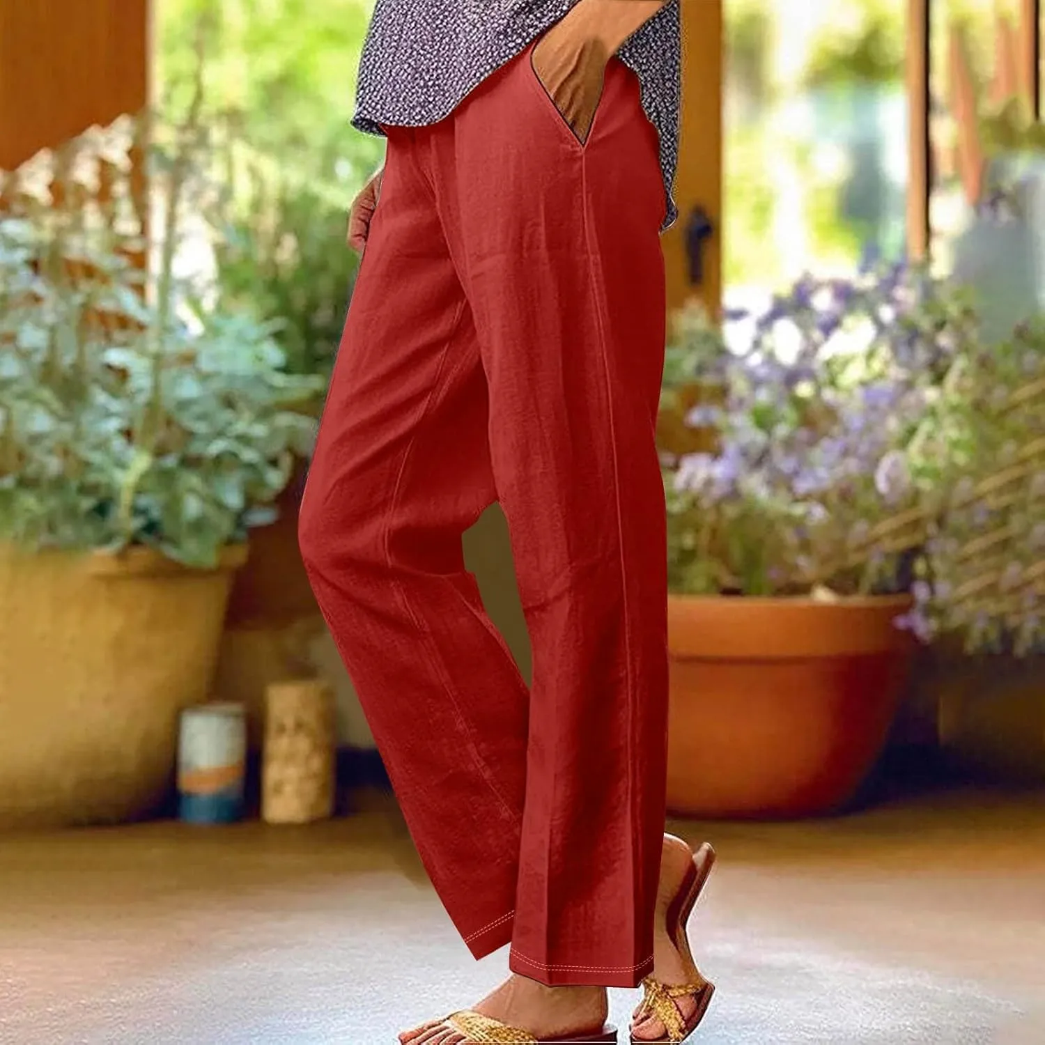 Womens Linen Casual High Waist Pants 2025 Trendy Straight Wide Leg Boho Flowy Trouser Work Dressy Palazzo Casual Pant