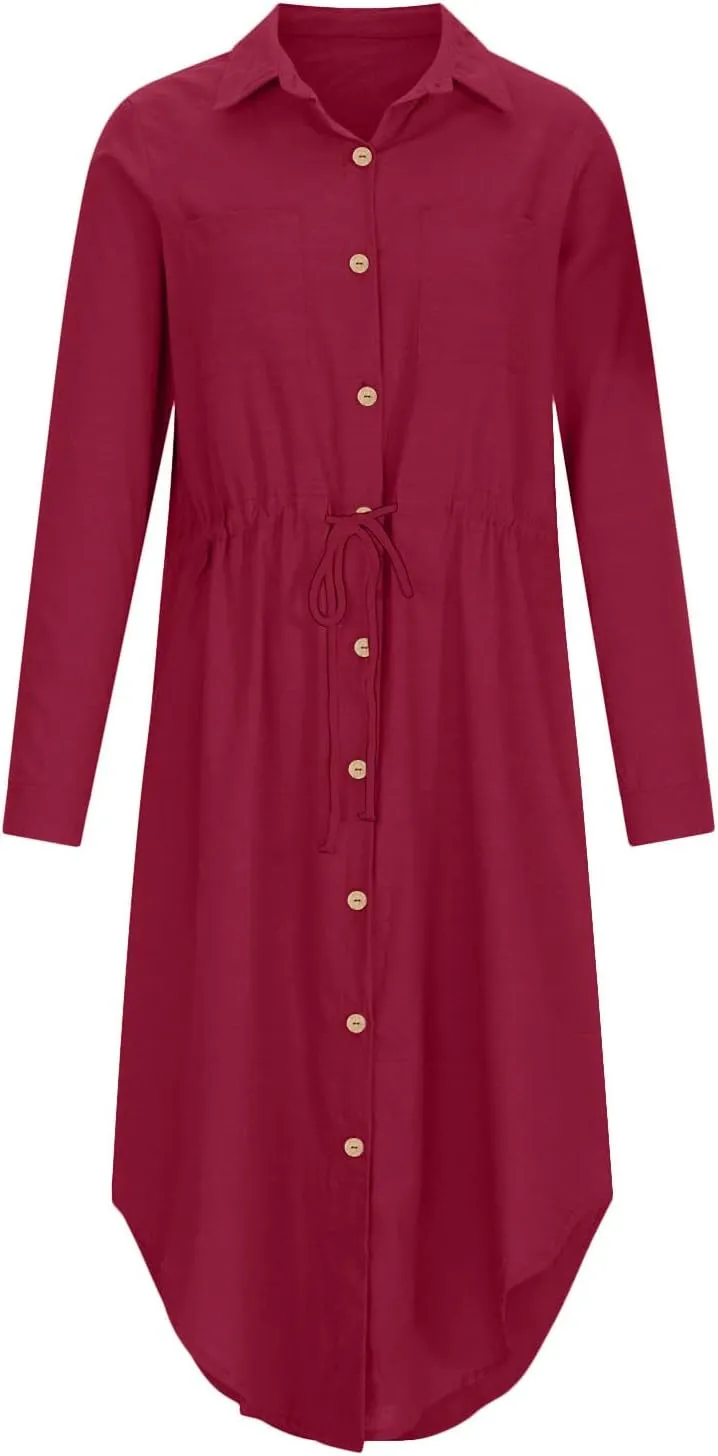 Women's Long Sleeve Cotton Linen Sundress Button Up Lightweight Midi Dresses Flowy Trendy Long Dress