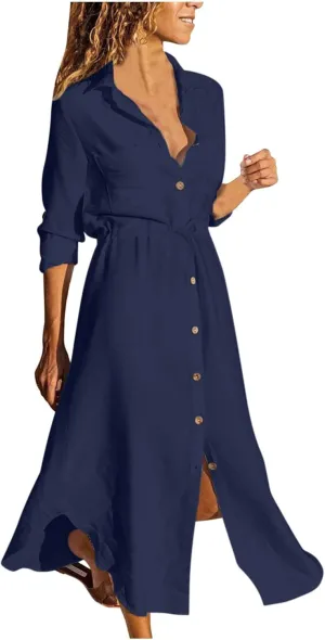 Women's Long Sleeve Cotton Linen Sundress Button Up Lightweight Midi Dresses Flowy Trendy Long Dress