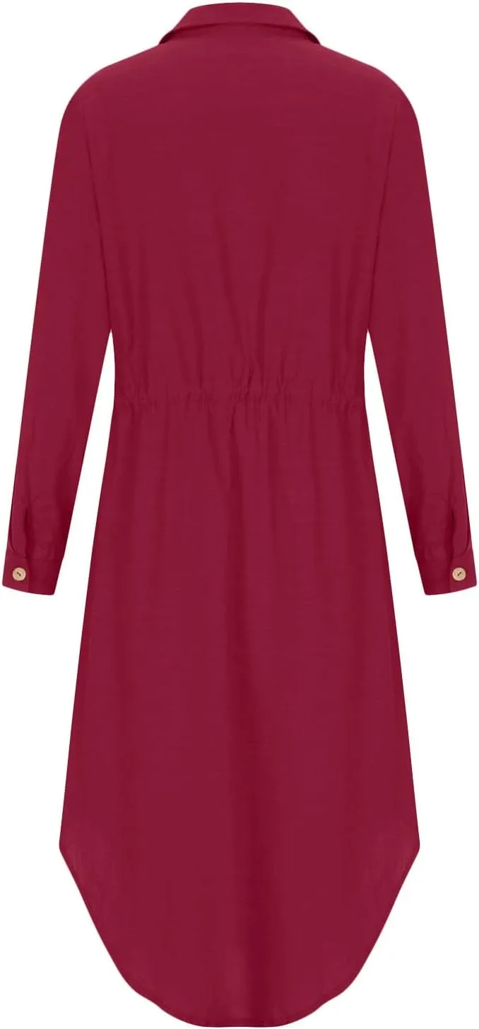 Women's Long Sleeve Cotton Linen Sundress Button Up Lightweight Midi Dresses Flowy Trendy Long Dress