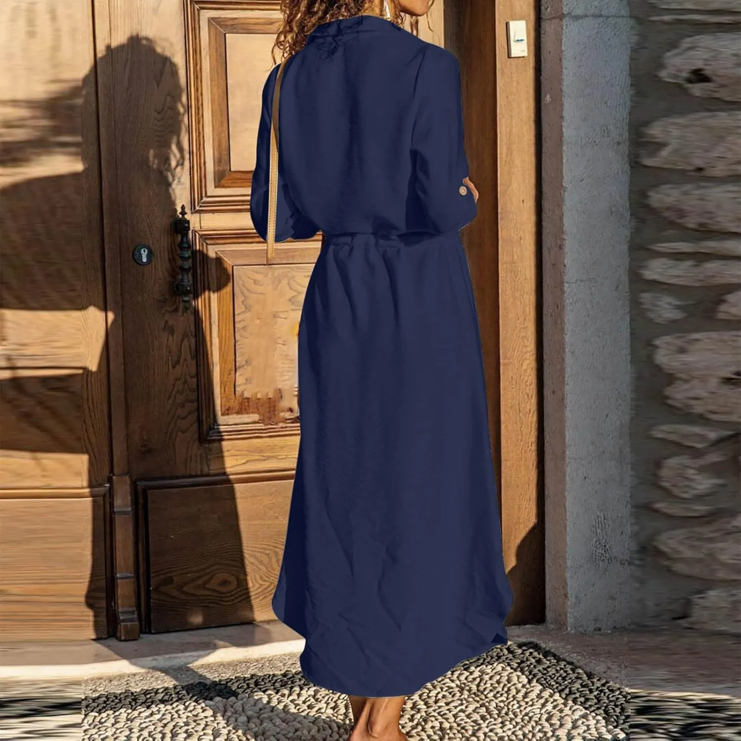Women's Long Sleeve Cotton Linen Sundress Button Up Lightweight Midi Dresses Flowy Trendy Long Dress