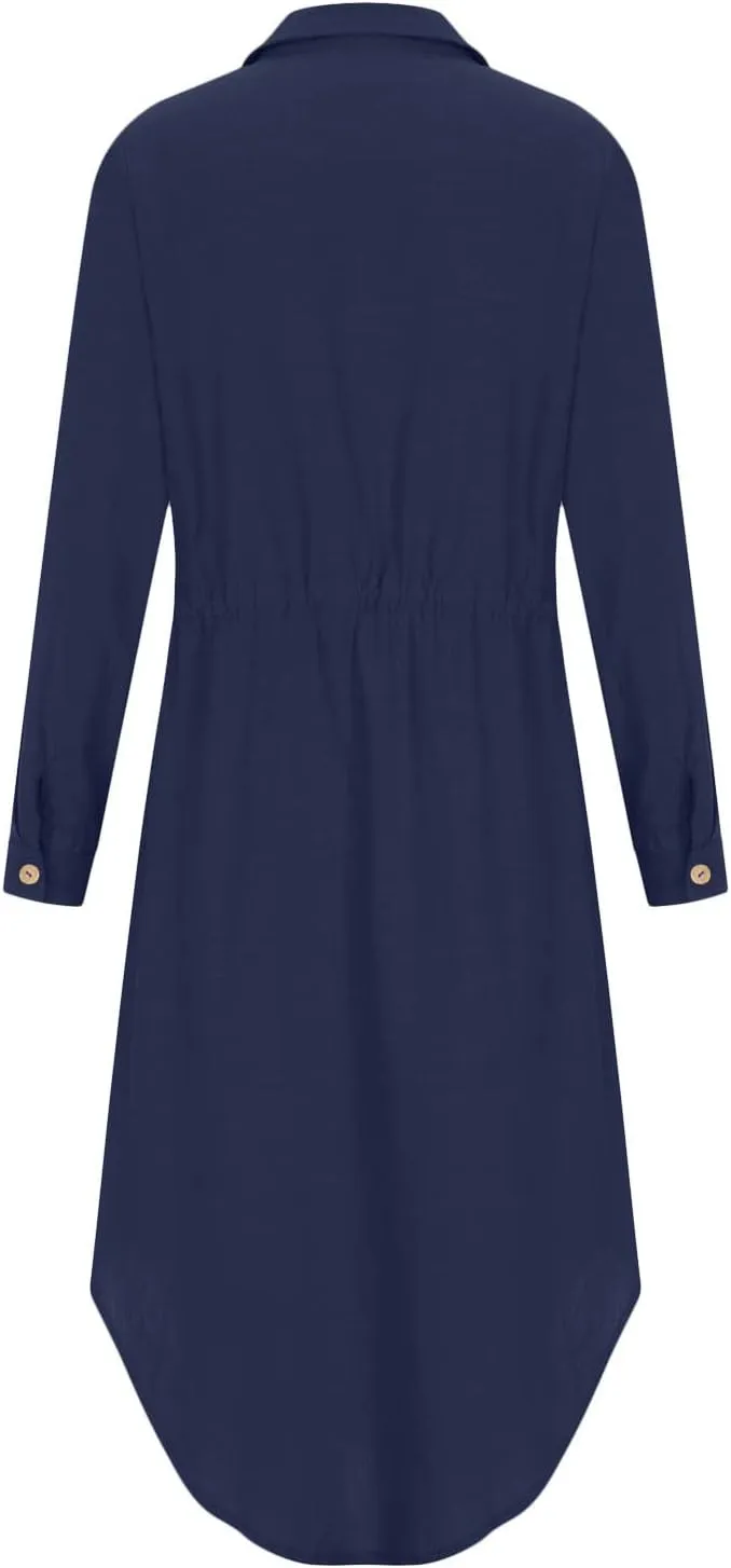 Women's Long Sleeve Cotton Linen Sundress Button Up Lightweight Midi Dresses Flowy Trendy Long Dress