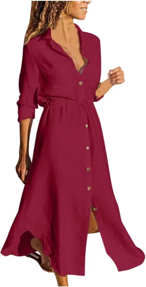 Women's Long Sleeve Cotton Linen Sundress Button Up Lightweight Midi Dresses Flowy Trendy Long Dress