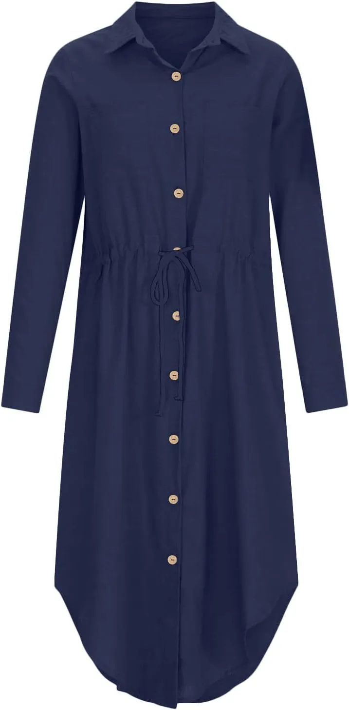 Women's Long Sleeve Cotton Linen Sundress Button Up Lightweight Midi Dresses Flowy Trendy Long Dress