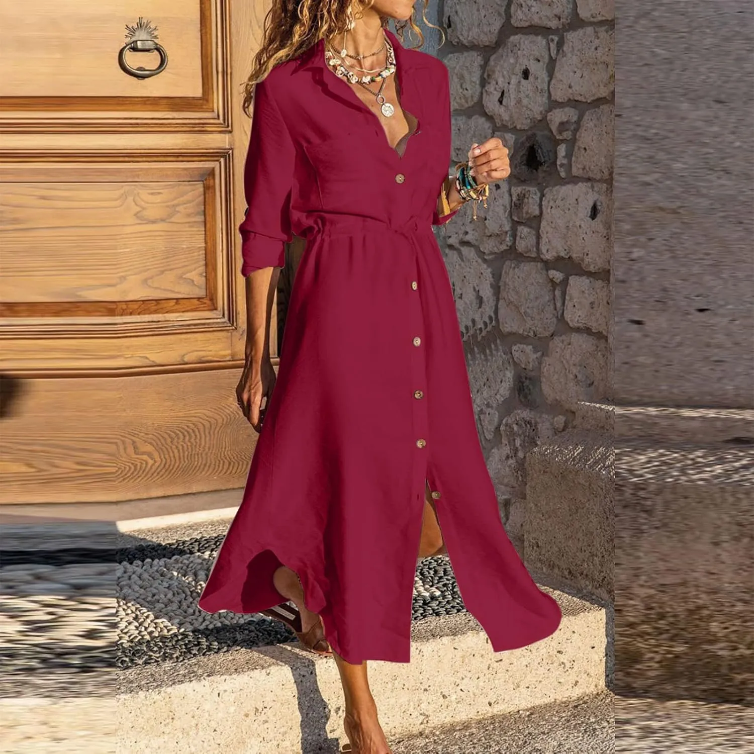Women's Long Sleeve Cotton Linen Sundress Button Up Lightweight Midi Dresses Flowy Trendy Long Dress