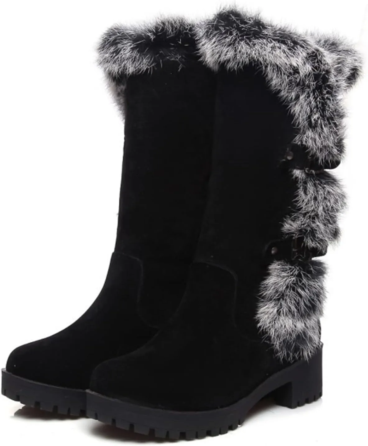 Women's Mid-Calf Winter Platform Hidden Wedge Boots Slip-on Thick Rabbit Fur Collar Warm Waterproof Stretch Leather Non-slip Snow Boot