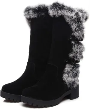 Women's Mid-Calf Winter Platform Hidden Wedge Boots Slip-on Thick Rabbit Fur Collar Warm Waterproof Stretch Leather Non-slip Snow Boot