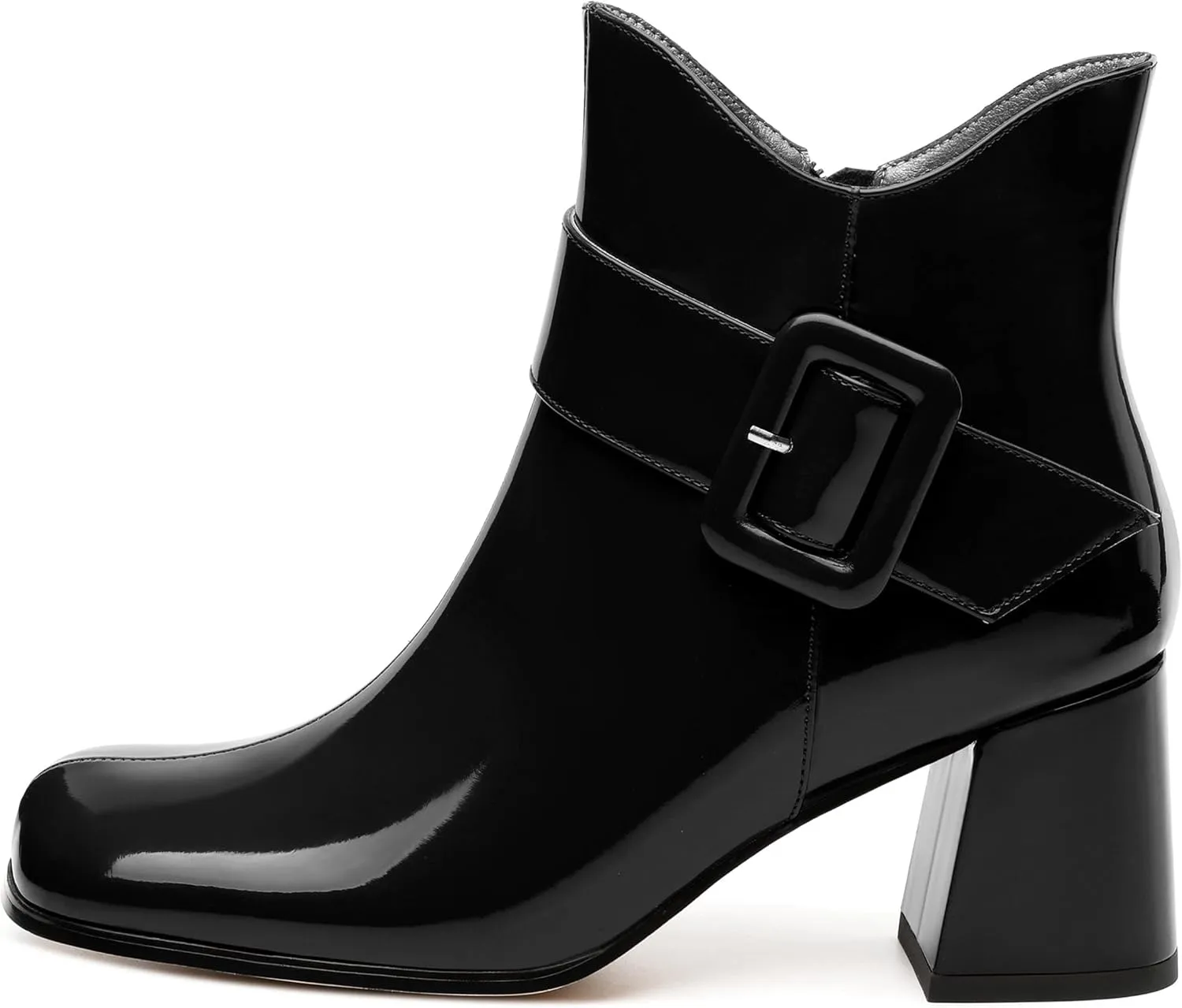 Women's Mid Heel Ankle Boots Square Toe Chunky Heel Short Boots Fashion Side Zipper Solid Patent Booties Comfortable Work Casual Boots