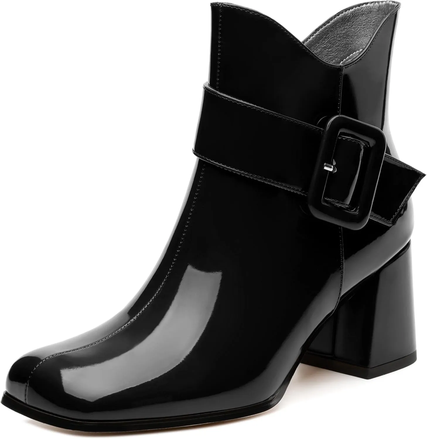 Women's Mid Heel Ankle Boots Square Toe Chunky Heel Short Boots Fashion Side Zipper Solid Patent Booties Comfortable Work Casual Boots