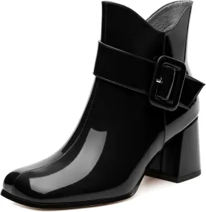 Women's Mid Heel Ankle Boots Square Toe Chunky Heel Short Boots Fashion Side Zipper Solid Patent Booties Comfortable Work Casual Boots