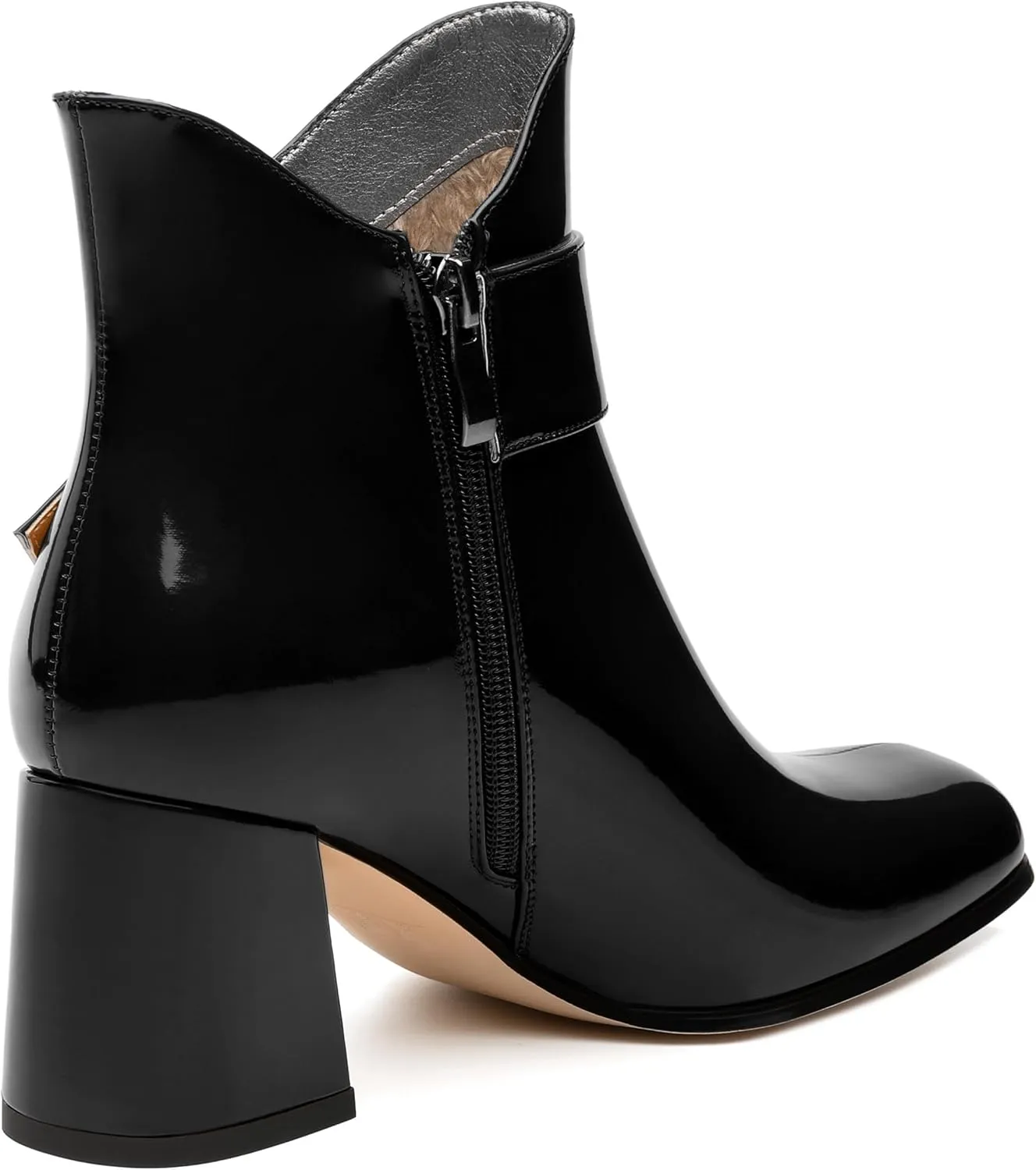 Women's Mid Heel Ankle Boots Square Toe Chunky Heel Short Boots Fashion Side Zipper Solid Patent Booties Comfortable Work Casual Boots