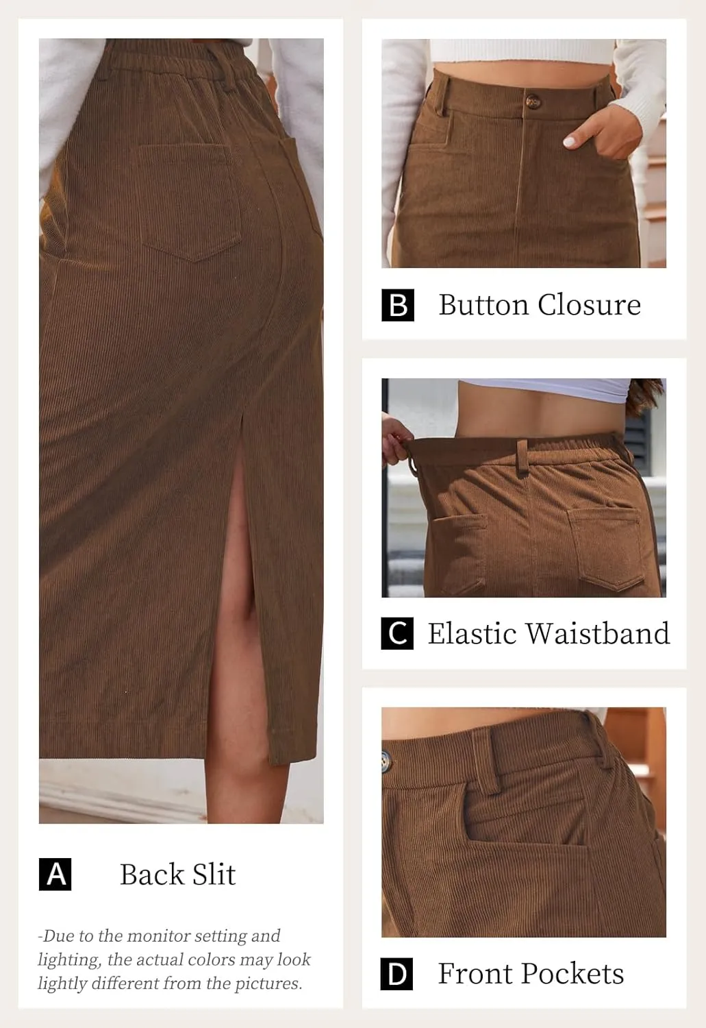 Women’s Midi Corduroy Skirt Pencil Elastic High Waisted Back Slit Winter Long Skirts for Women with Pocket