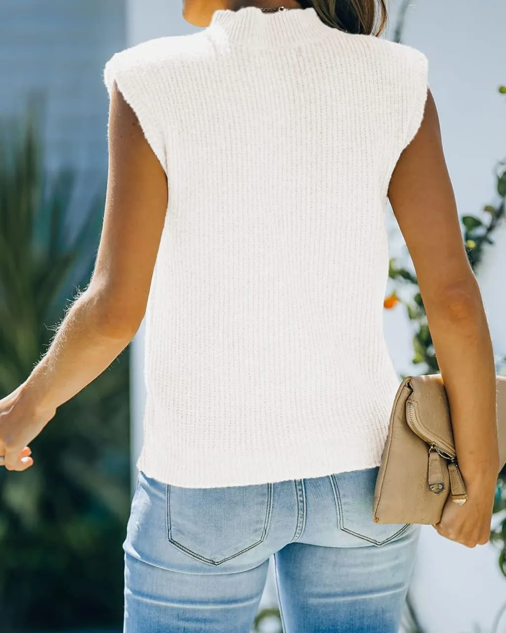 Women's Mock Neck Knit Sweater Vest Sleeveless Casual Trendy Summer Ribbed Pullover Tank Tops