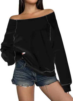 Women's Off The Shoulder Sweatshirts Long Sleeve Pullover Tops Trendy Y2k Fall Tops