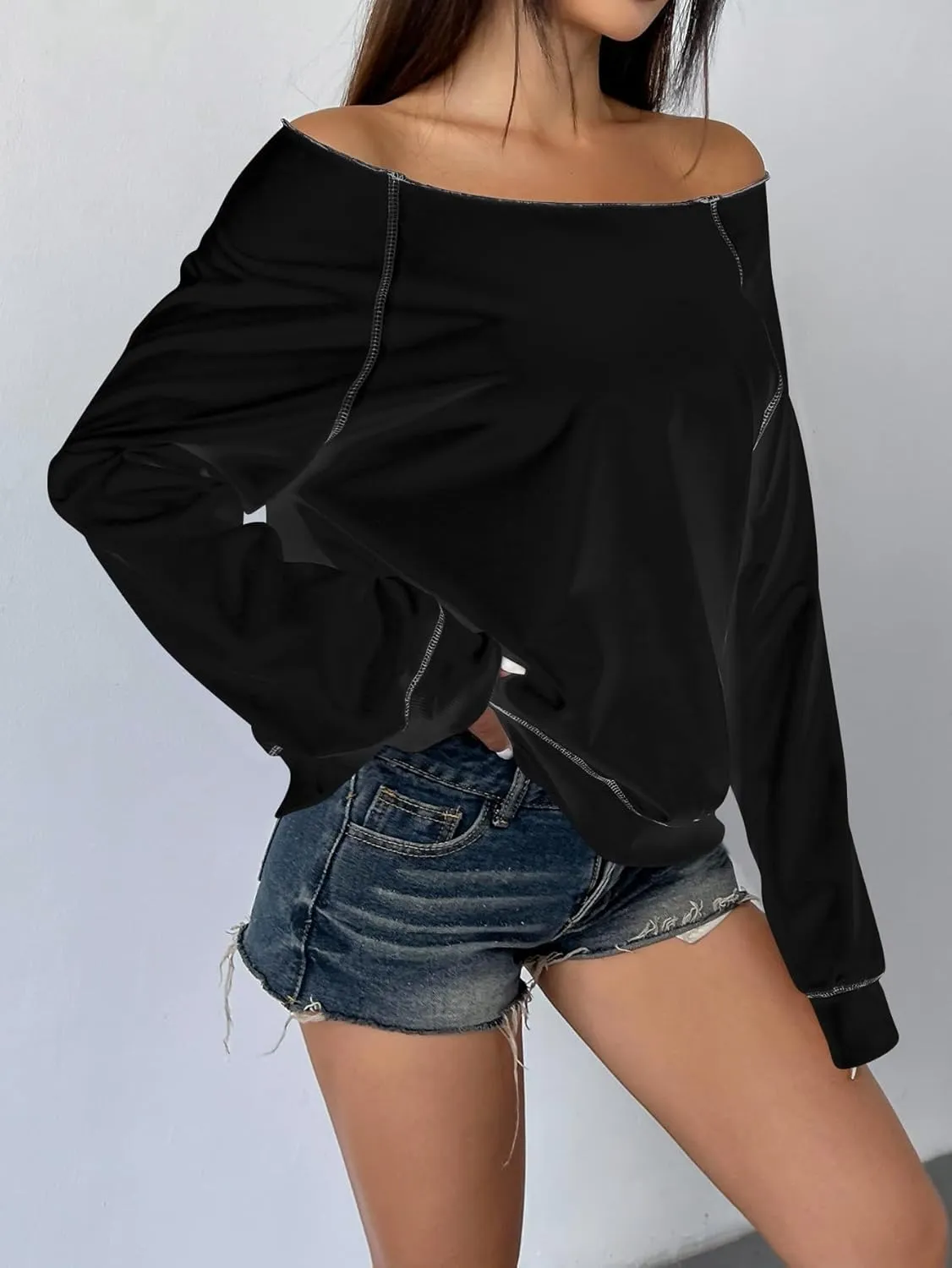 Women's Off The Shoulder Sweatshirts Long Sleeve Pullover Tops Trendy Y2k Fall Tops