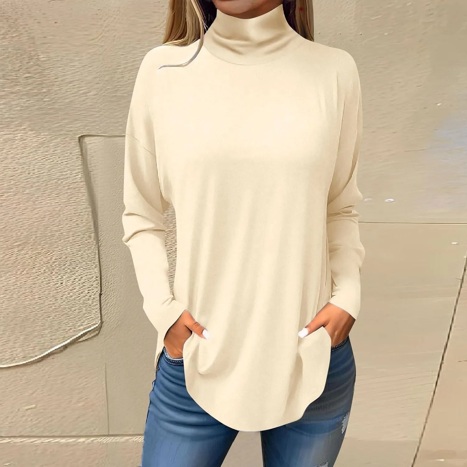 Womens Oversized Long Sleeve Turtleneck Shirt Trendy Mock Turtle Neck Curved Hem Tops Going Out Sports Casual Blouses