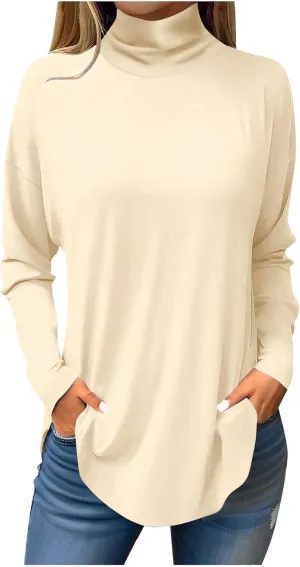 Womens Oversized Long Sleeve Turtleneck Shirt Trendy Mock Turtle Neck Curved Hem Tops Going Out Sports Casual Blouses