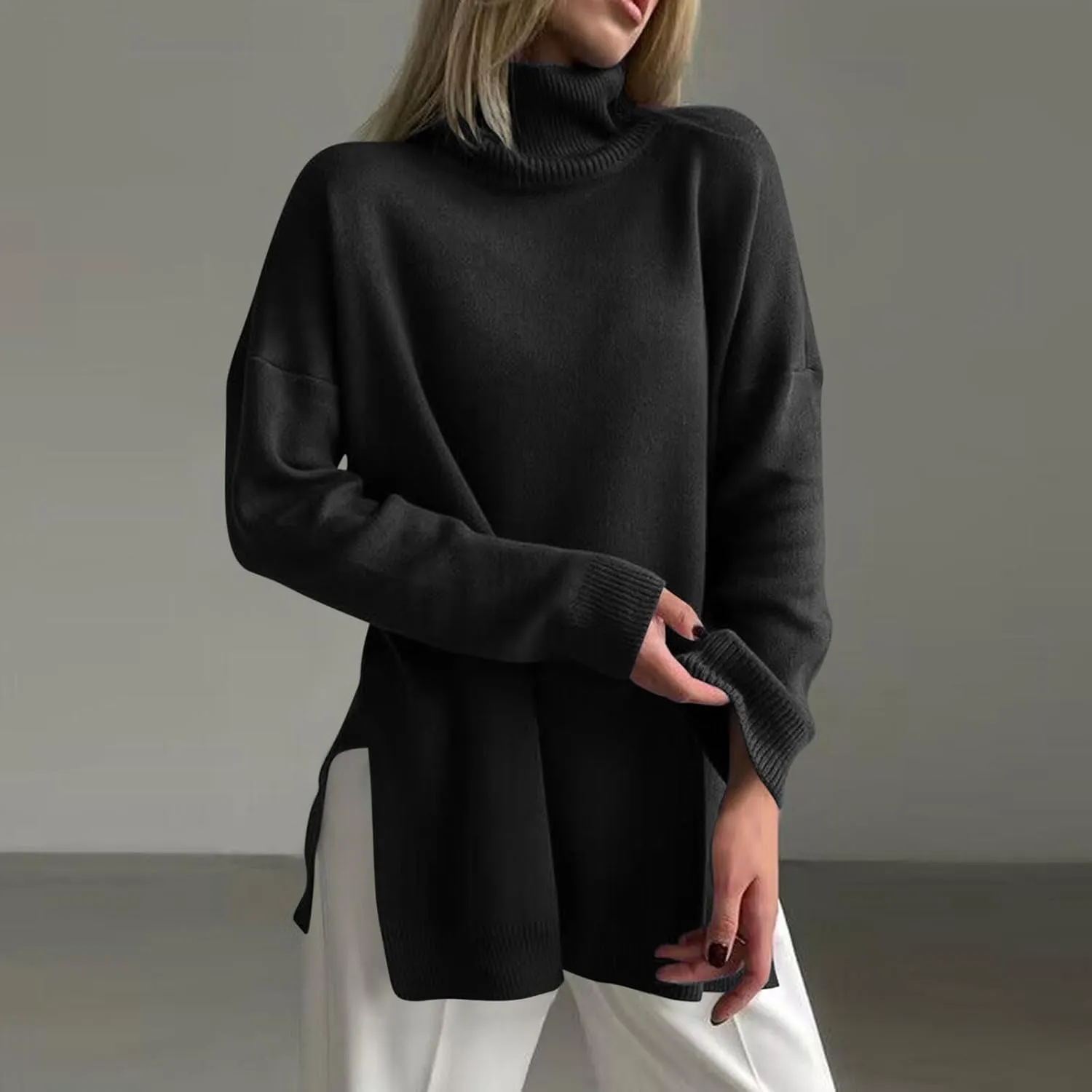 Women's Oversized Turtleneck Sweaters Fall Casual Loose Batwing Sleeve Split Hem Pullovers Knit Sweater Tops