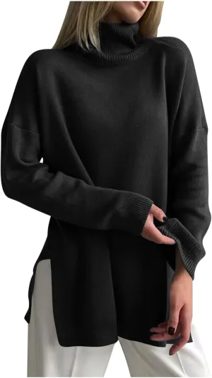 Women's Oversized Turtleneck Sweaters Fall Casual Loose Batwing Sleeve Split Hem Pullovers Knit Sweater Tops