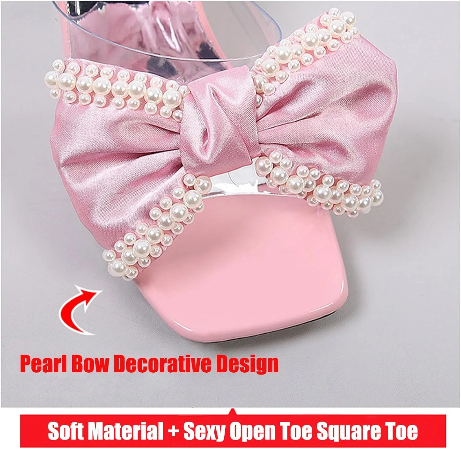 Women's Pearl Bow Square Toe Stiletto Heels Sandals,Square Toe Open Toes Slipper Slip On Dress Kitten High Heels