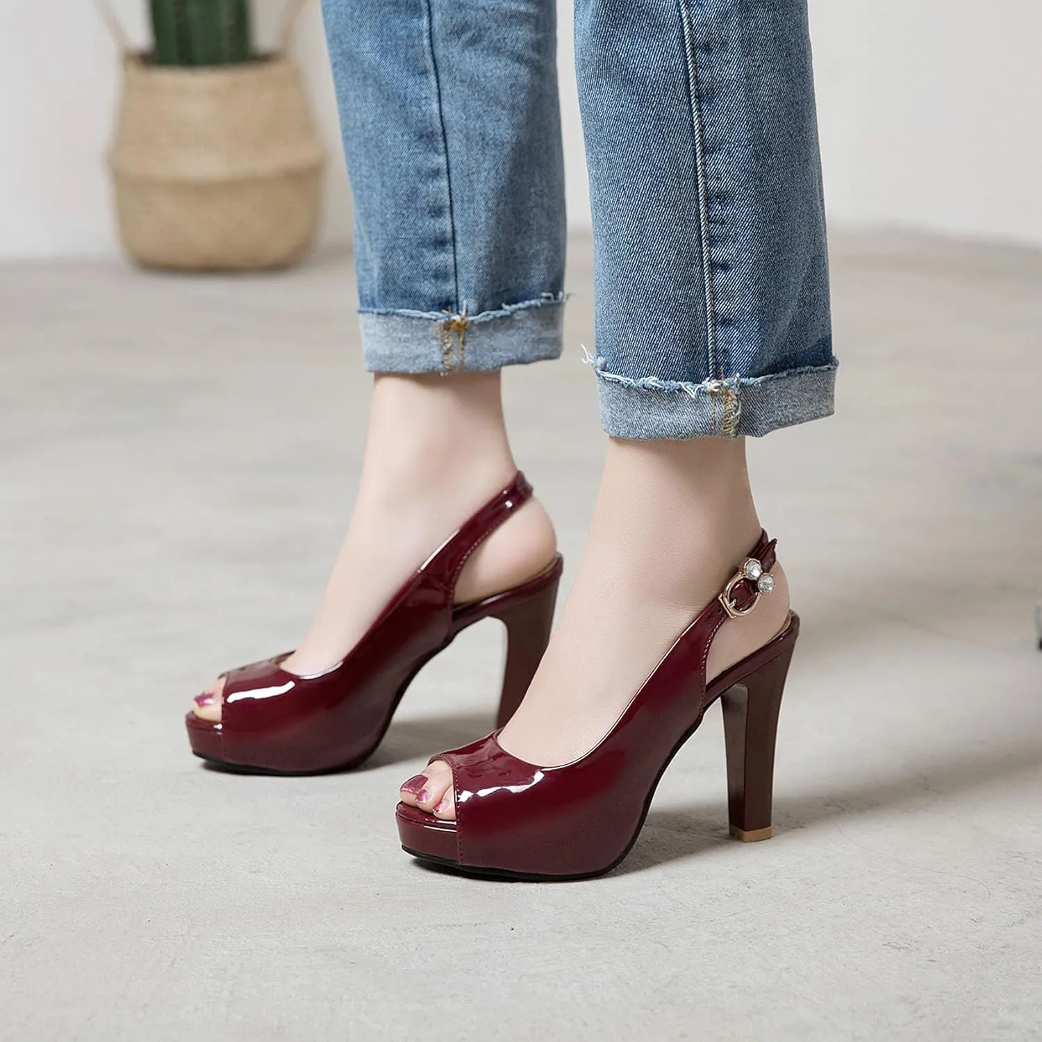 Women'S Peep Toe Slingback Pumps High Heel Platform Sandals with Buckle