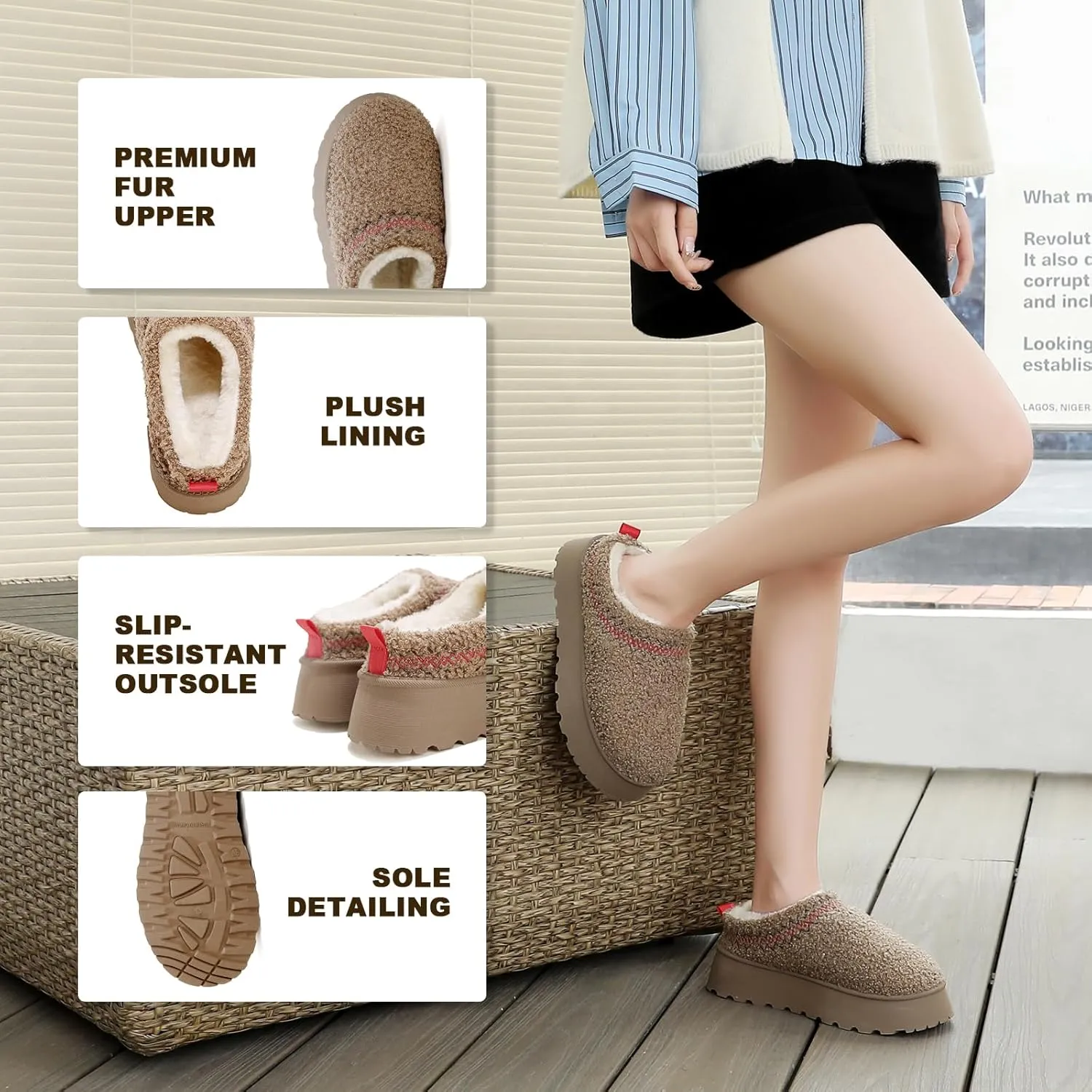 Women's Platform Fuzzy Slippers, Warm Winter Snow Mini Boots with Memory Foam, Fur Fleece Lined House Shoes Indoor and Outdoor