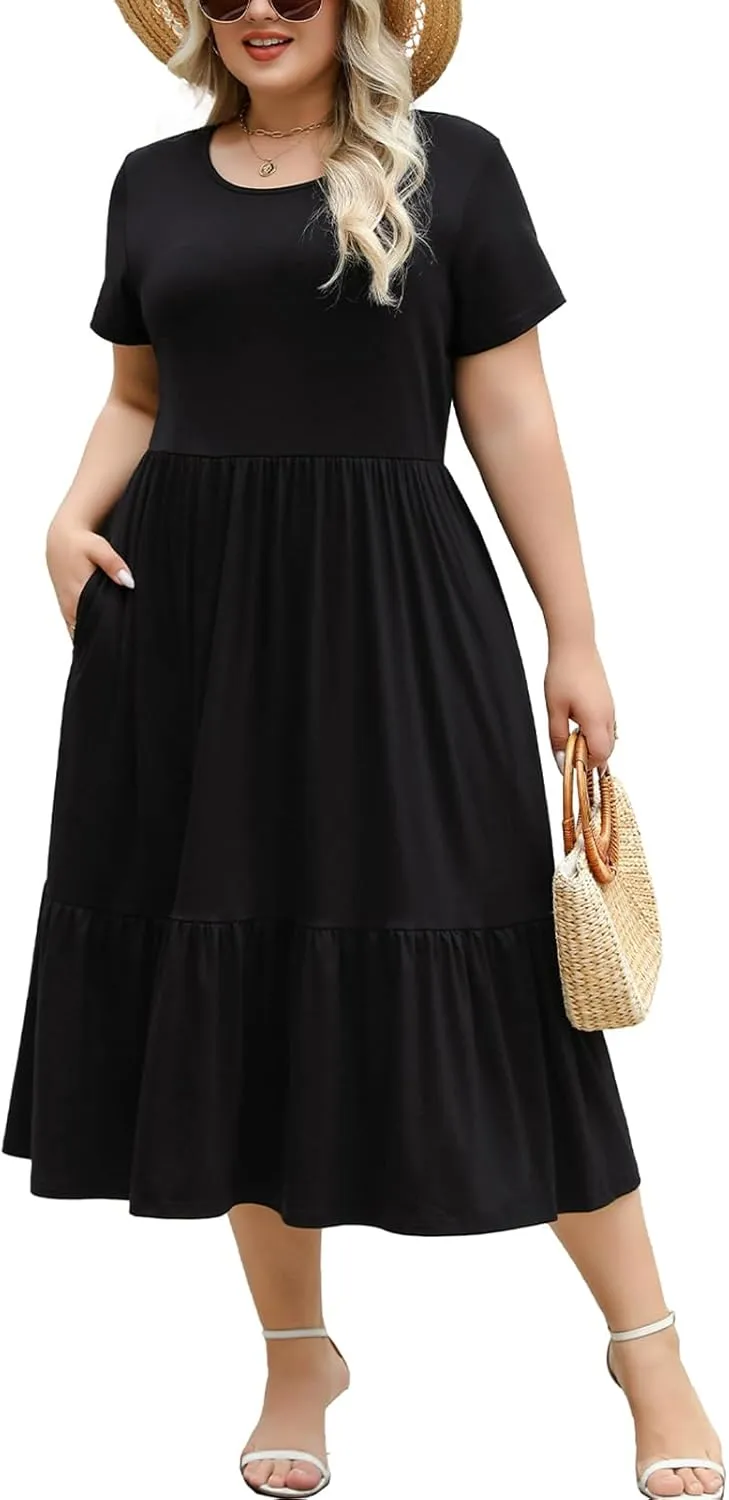 Women's Plus Size Midi Casual Dress with Pockets 1X-4X Tiered Short Sleeve Relax Fit Crewneck Summer Dresses