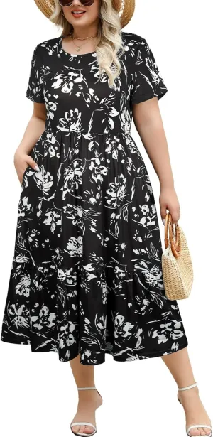 Women's Plus Size Midi Casual Dress with Pockets 1X-4X Tiered Short Sleeve Relax Fit Crewneck Summer Dresses