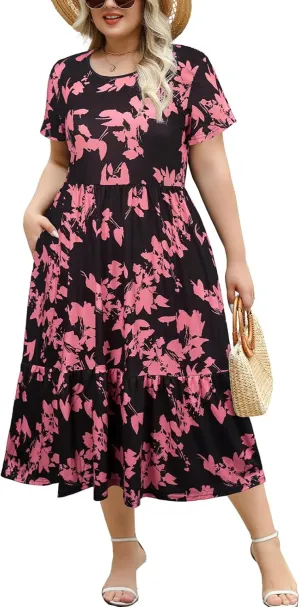 Women's Plus Size Midi Casual Dress with Pockets 1X-4X Tiered Short Sleeve Relax Fit Crewneck Summer Dresses