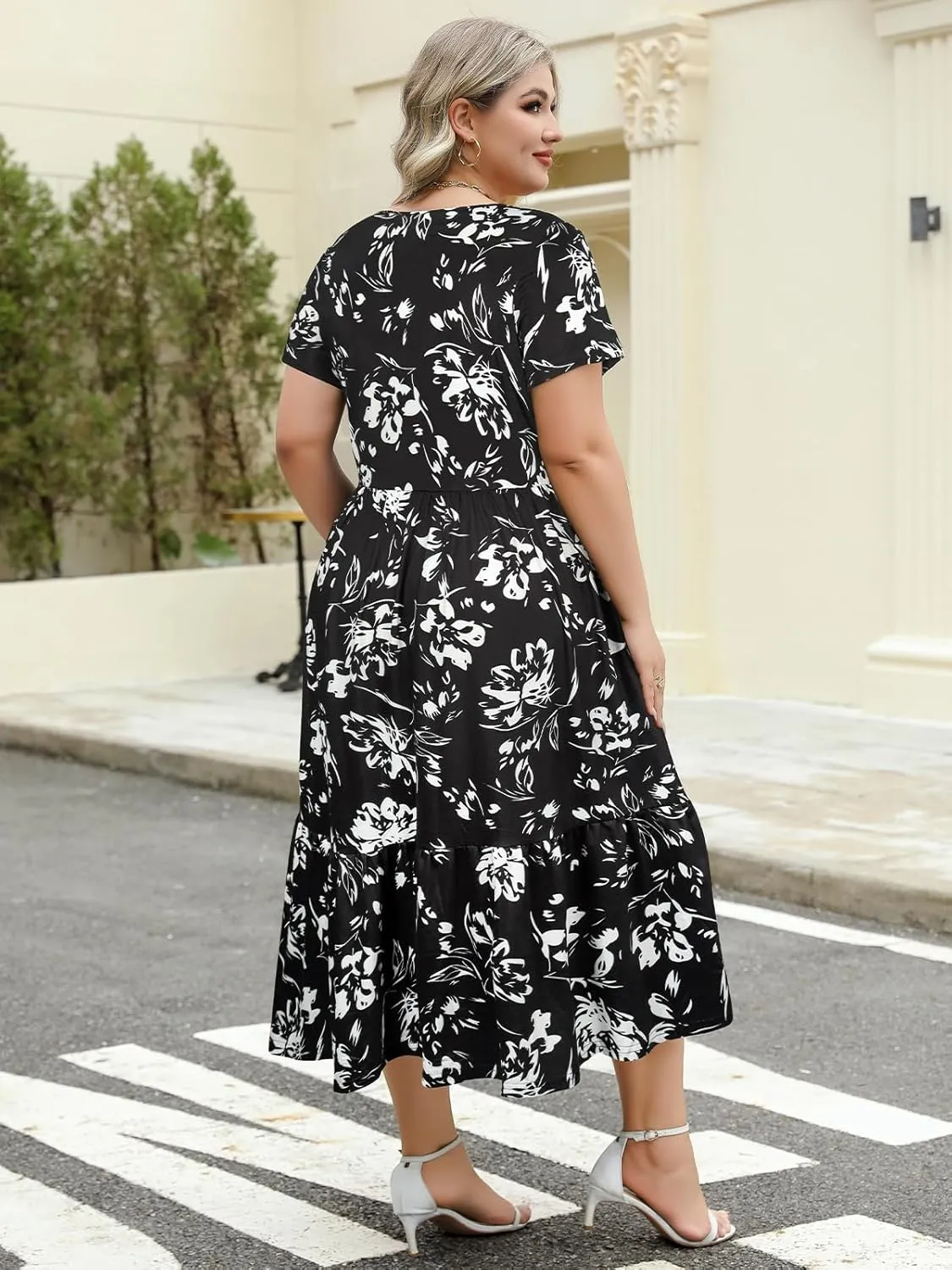 Women's Plus Size Midi Casual Dress with Pockets 1X-4X Tiered Short Sleeve Relax Fit Crewneck Summer Dresses