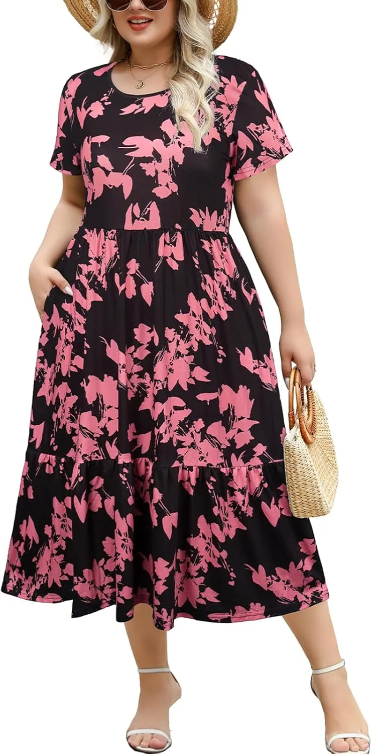 Women's Plus Size Midi Casual Dress with Pockets 1X-4X Tiered Short Sleeve Relax Fit Crewneck Summer Dresses