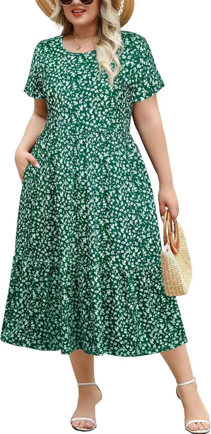 Women's Plus Size Midi Casual Dress with Pockets 1X-4X Tiered Short Sleeve Relax Fit Crewneck Summer Dresses