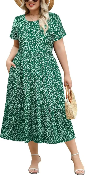 Women's Plus Size Midi Casual Dress with Pockets 1X-4X Tiered Short Sleeve Relax Fit Crewneck Summer Dresses