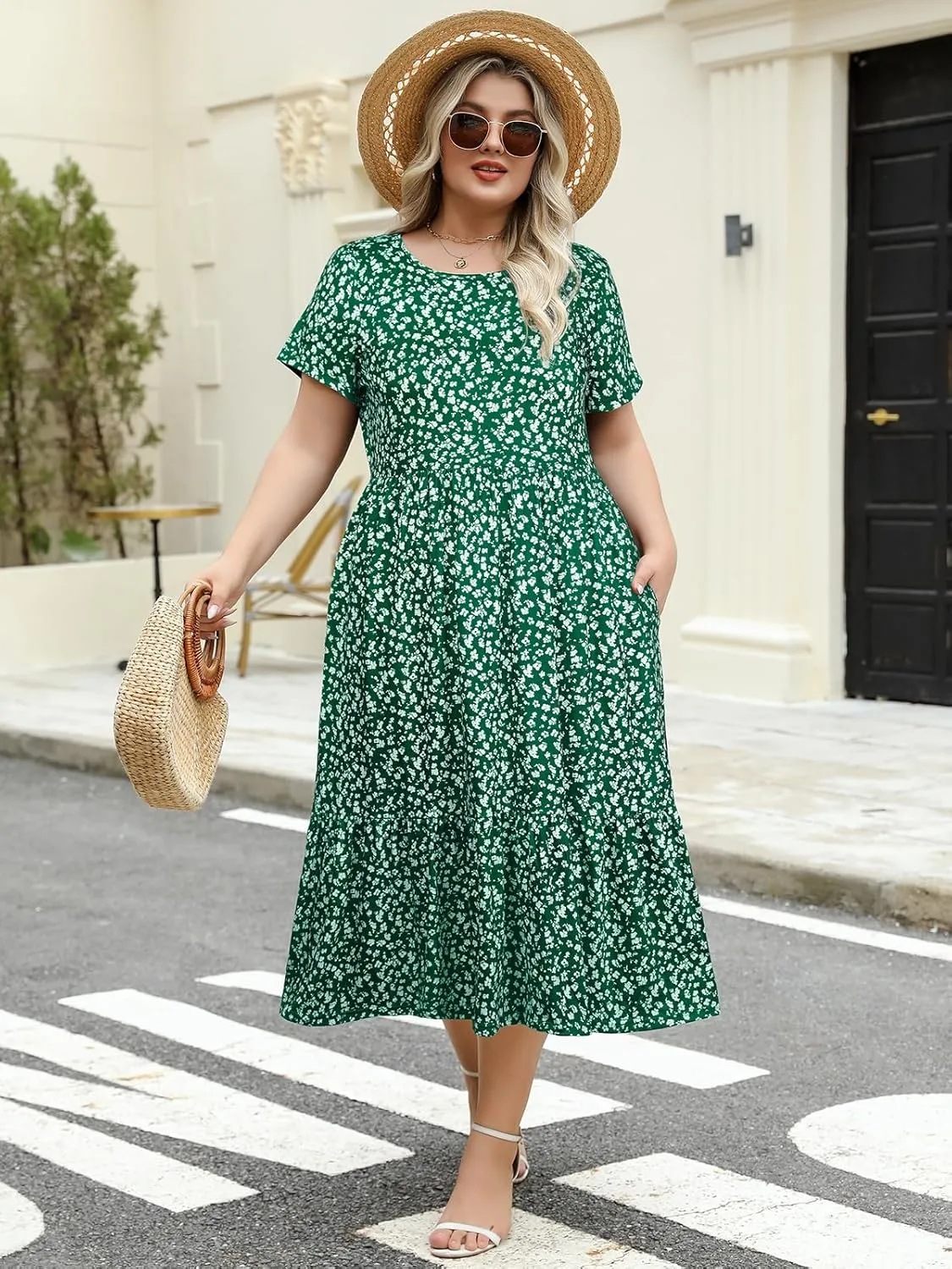 Women's Plus Size Midi Casual Dress with Pockets 1X-4X Tiered Short Sleeve Relax Fit Crewneck Summer Dresses