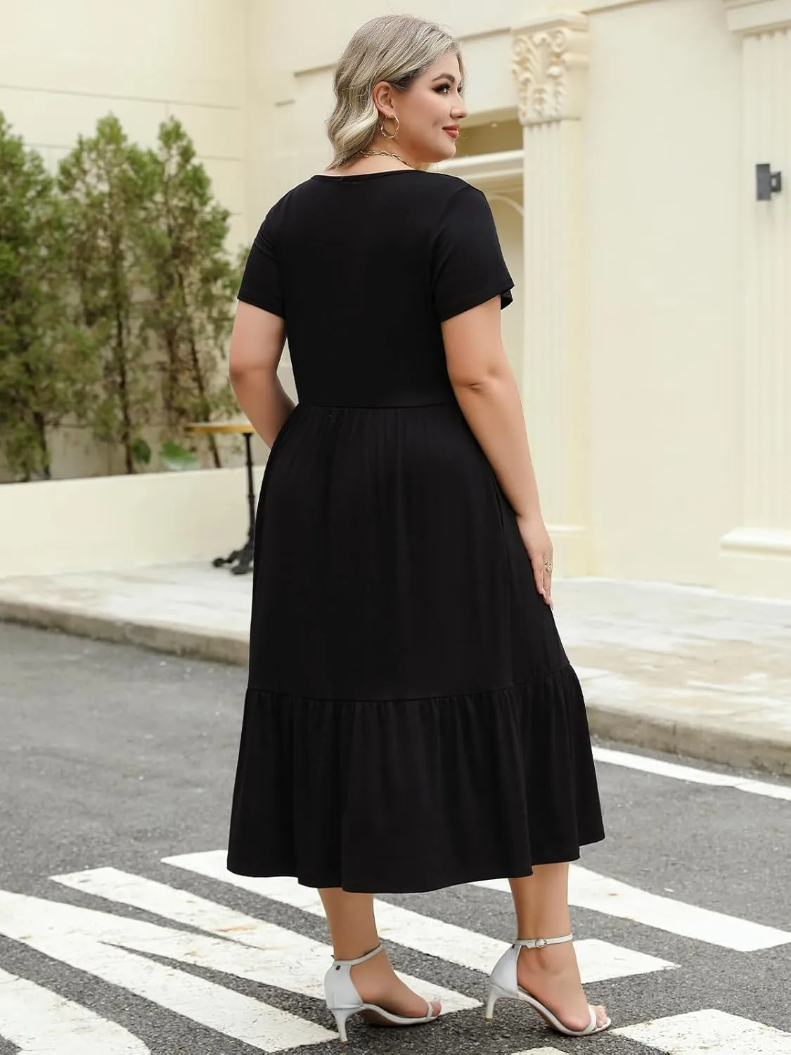 Women's Plus Size Midi Casual Dress with Pockets 1X-4X Tiered Short Sleeve Relax Fit Crewneck Summer Dresses