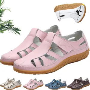 Women's Retro Flat Genuine Leather Non-Slip Sandals, Summer Hollow Out Adjustable Closed Toe Loafers Sandals Soft Leather Casual Walking Driving Shoes for Women