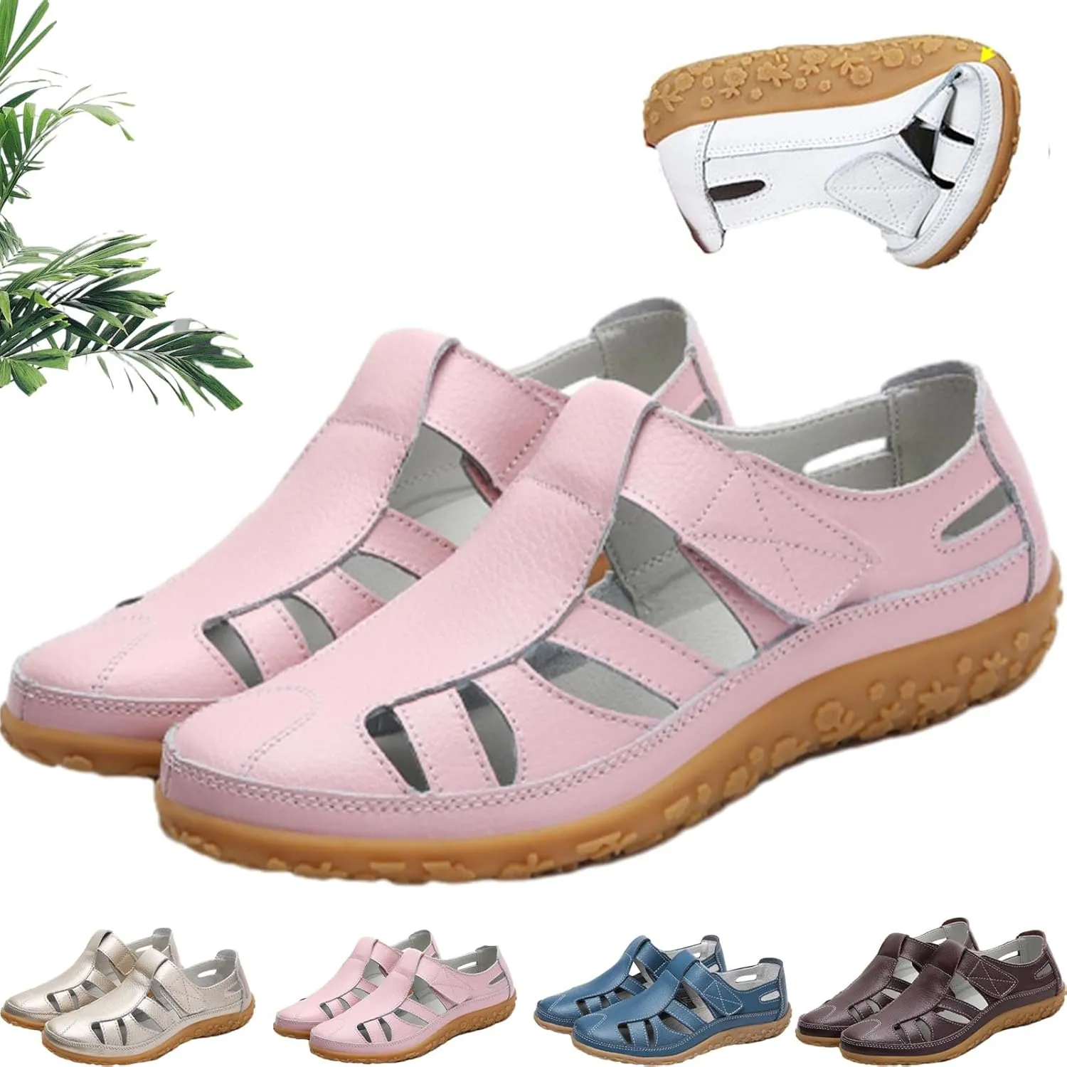Women's Retro Flat Genuine Leather Non-Slip Sandals, Summer Hollow Out Adjustable Closed Toe Loafers Sandals Soft Leather Casual Walking Driving Shoes for Women