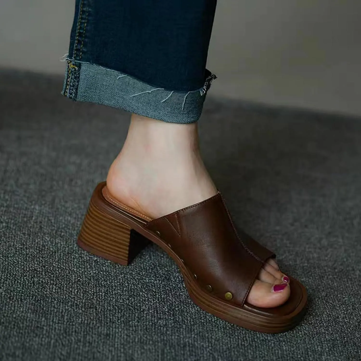 Women's Retro Platform Wedge Sandals,Comfort Buckless Slip On Square Open Toe High Heels Rivets Casual Block Heel Sandal