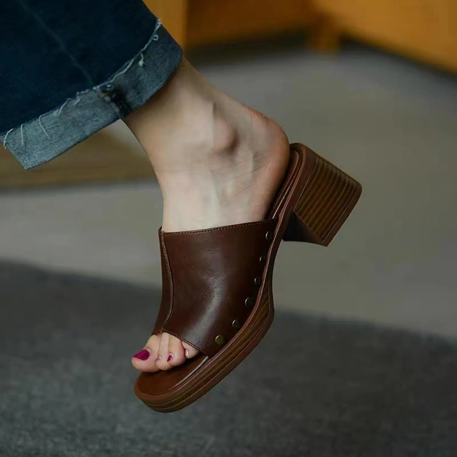 Women's Retro Platform Wedge Sandals,Comfort Buckless Slip On Square Open Toe High Heels Rivets Casual Block Heel Sandal
