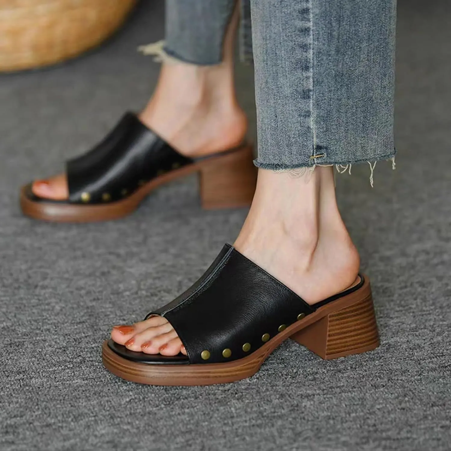 Women's Retro Platform Wedge Sandals,Comfort Buckless Slip On Square Open Toe High Heels Rivets Casual Block Heel Sandal