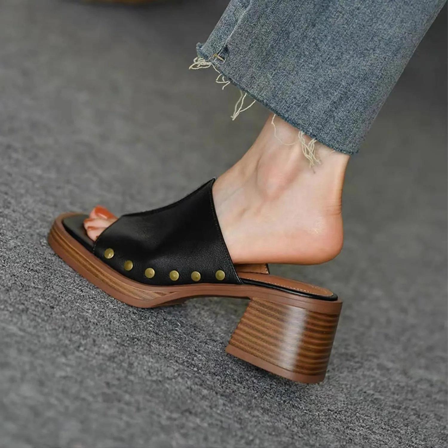 Women's Retro Platform Wedge Sandals,Comfort Buckless Slip On Square Open Toe High Heels Rivets Casual Block Heel Sandal