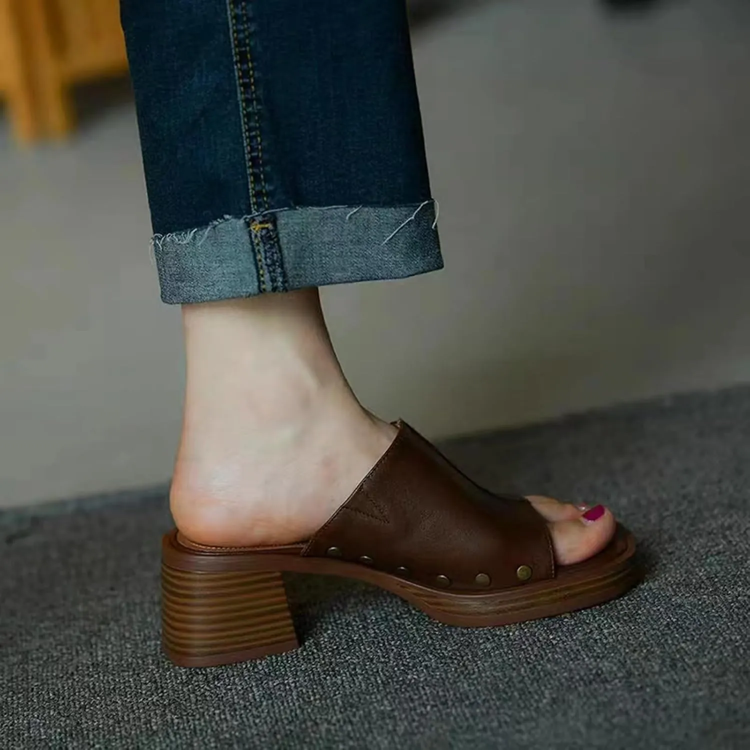 Women's Retro Platform Wedge Sandals,Comfort Buckless Slip On Square Open Toe High Heels Rivets Casual Block Heel Sandal