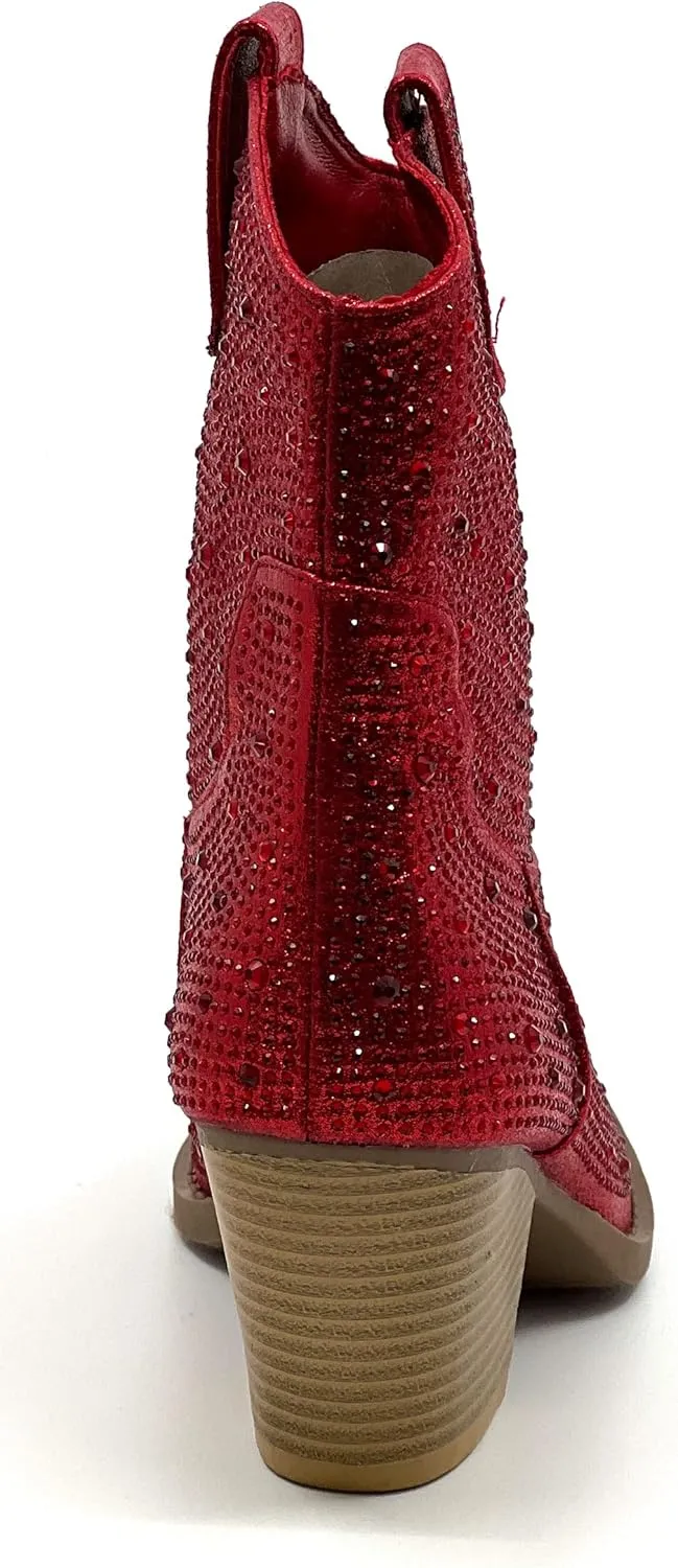 Women's Rhinestone Block Heel Mid Calf Short Ankle Booties Knee High Boots