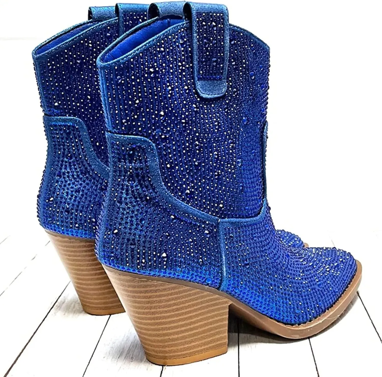Women's Rhinestone Block Heel Mid Calf Short Ankle Booties Knee High Boots